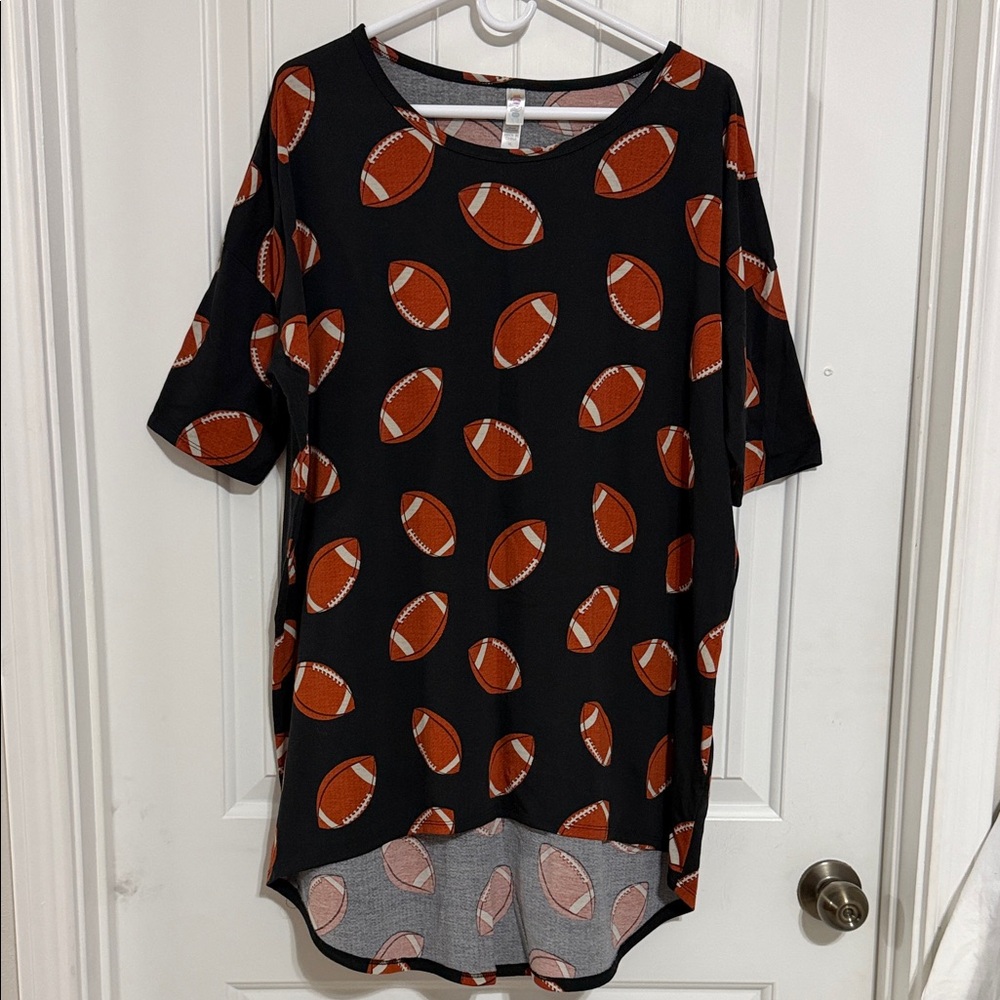 LuLaRoe Black Tunic with Brown Football Print